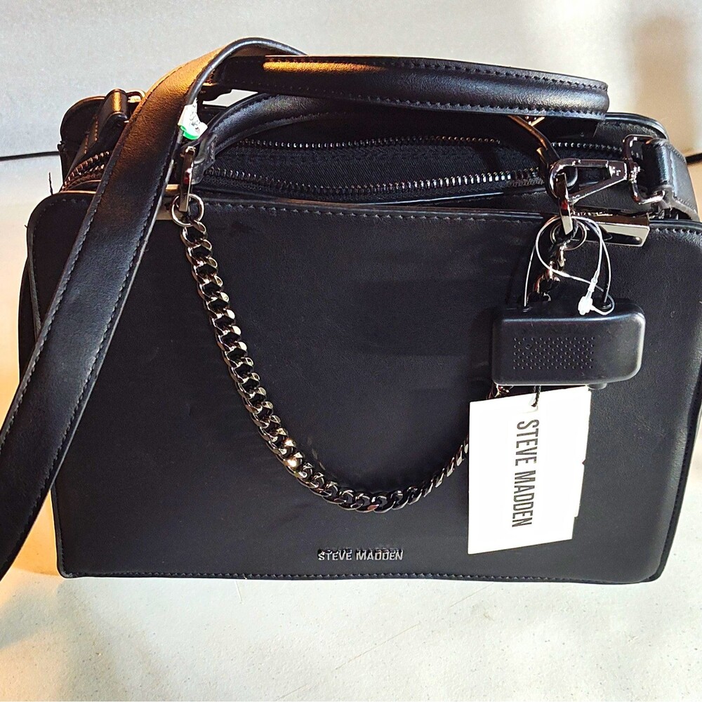 Steve Madden Black Satchel Top Handle Zip Chain Accent Detachable Strap Pockets